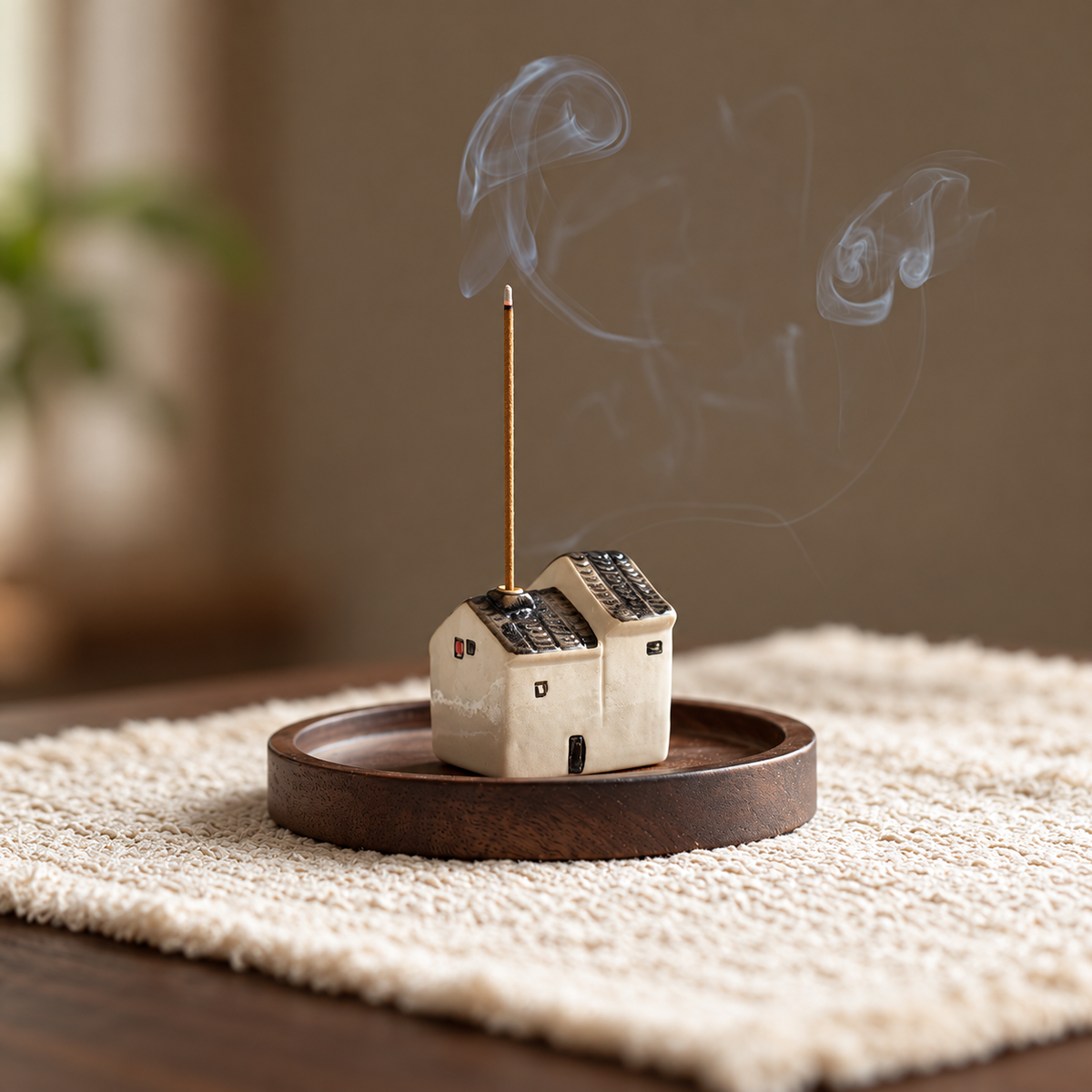 Short ceramic house incense holder with an incense stick on a round tray; tray and incense are not included